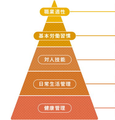 1.職業適性、2.基本労働習慣、3.対人技能、4.日常生活管理、5.健康管理