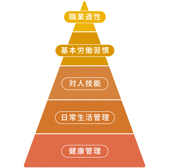 1.職業適性、2.基本労働習慣、3.対人技能、4.日常生活管理、5.健康管理